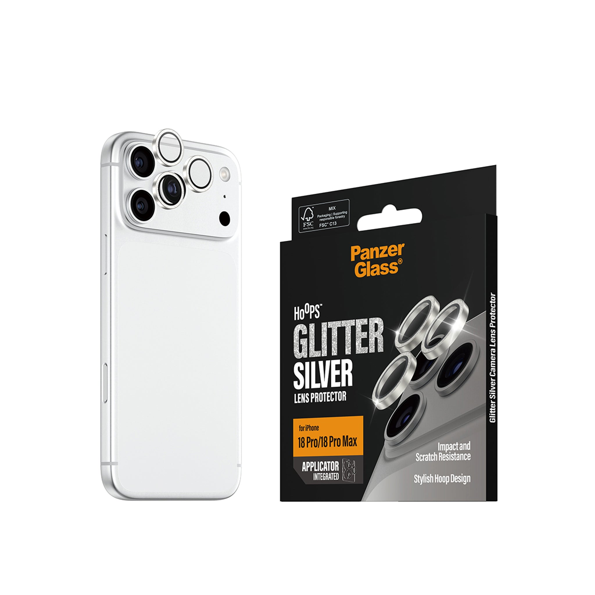 PanzerGlass® Hoops® Kameralinsebeskytter Glitter Sølv iPhone 18 Pro | 18 Pro Max